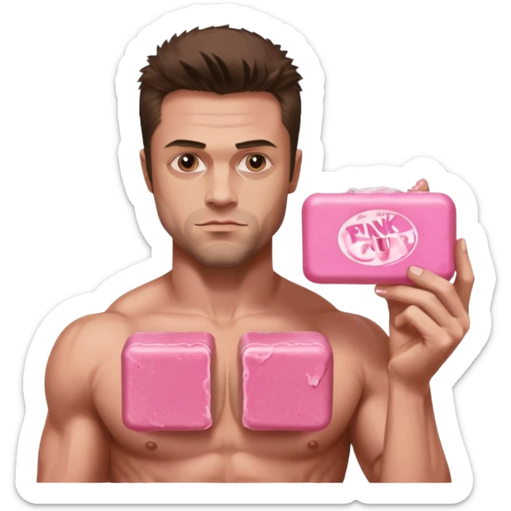Tyler Durden, holding pink soap like the fight club poster sticker