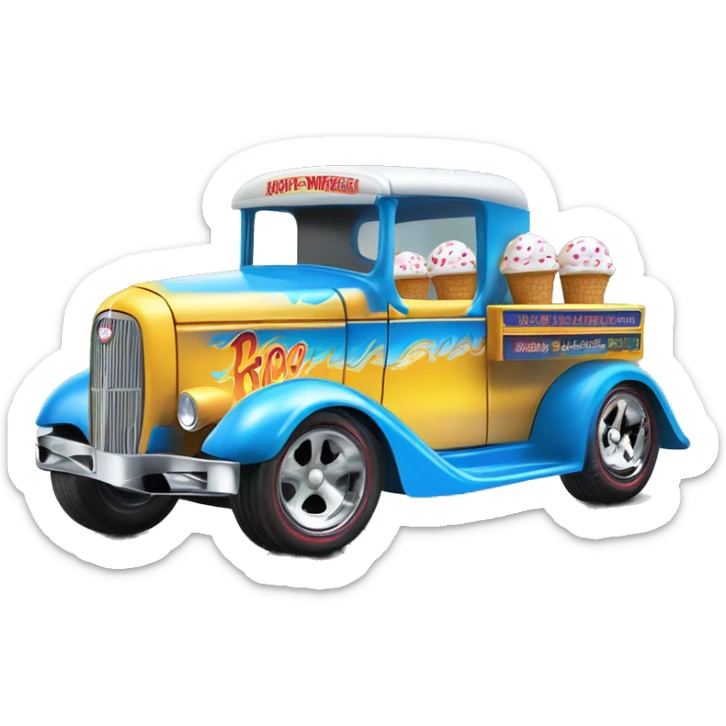 Hot rod, Hot wheels style, ice cream truck from 1934 with wide chrome mag wheels, blue, no ice cream on top of truck, open selling window.  sticker