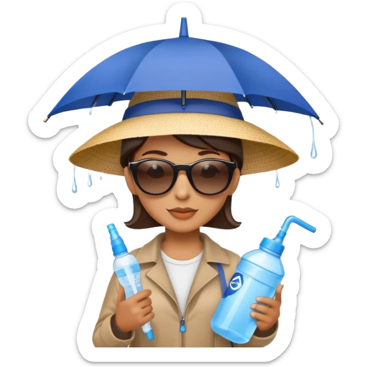 Person with an umbrella, gallon of water, hat, and sunscreen sticker
