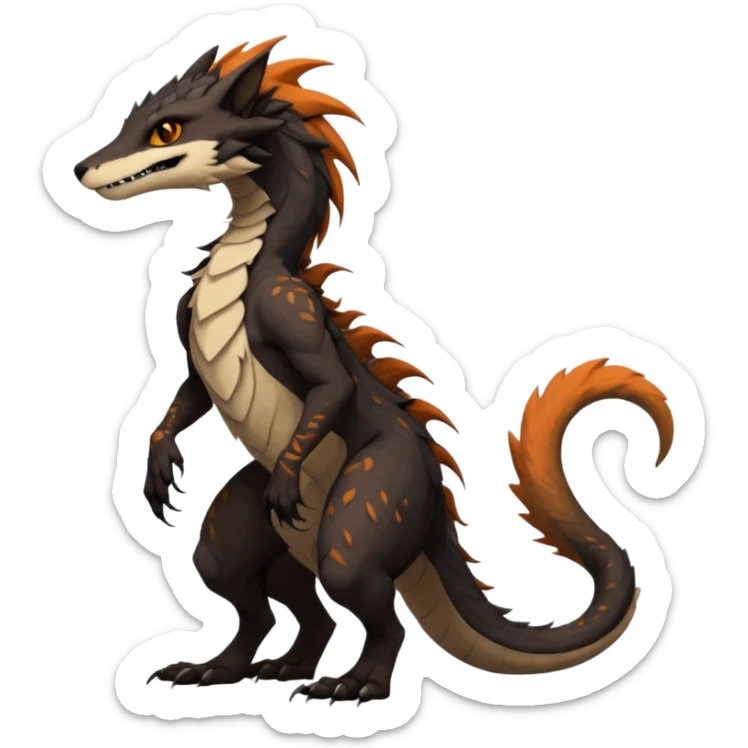 Brown and beige badass elegant wild beautiful natural cute badass epic exotic anthro modern furry 2-legged sergal-vernid-Salandit-creature, full body, dark-brown-black-gradient pretty hair, with a long tufted tail, beautiful hazel-orange eyes, aesthetic, art by LiLaiRa, art by art by Falvie sticker