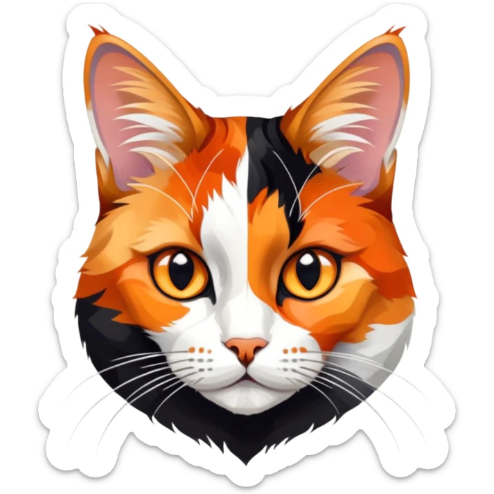 cinematic-noble-calico-cat-portrait-emoji,-poised-and-regal,-with-a-striking-patchwork-fur-in-vibrant-orange,-black,-and-white-hues,-delicate-whiskers-and-a-refined,-focused-gaze,-simplified-yet-exquisitely-detailed,-glowing sticker