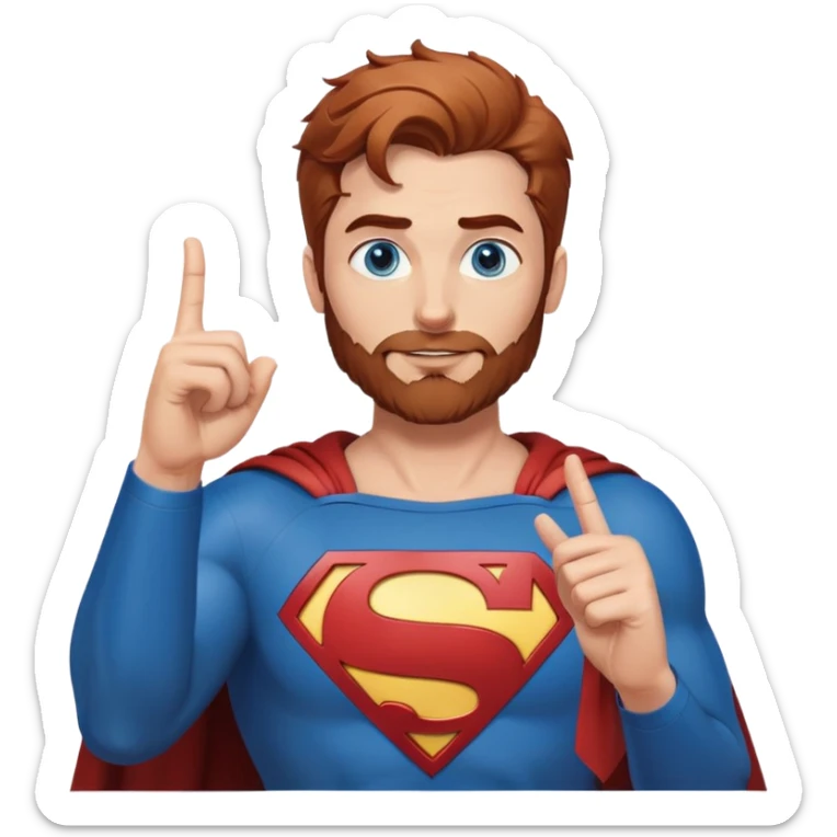 Adult-tall-full body- Superman-with redish brownish messy hair-full neatly trimmed beard-blue eyes-finger heart gesture sticker