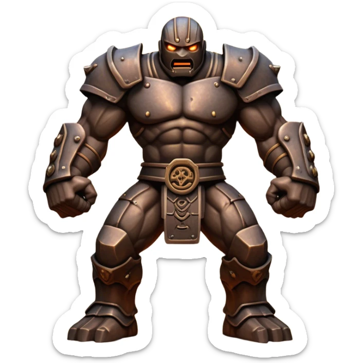 Cinematic Fierce Mighty Iron Golem Portrait Emoji Depicted mid-action in a dynamic, battle-ready stance, massive fists clenched, the ancient metallic plates along its form shifting with raw power. Its eyes blaze like molten fire within a carved, rune-etched face, exuding both divine purpose and mechanical precision. Weathered steel and dark bronze tones are accented by glowing, arcane inscriptions, each detail meticulously crafted with lifelike metallic reflections. High shine, imposing yet regal, styled with an air of indestructible might, soft glowing outline, capturing the essence of an unstoppable colossus that looks ready to charge forth with a thunderous step! sticker