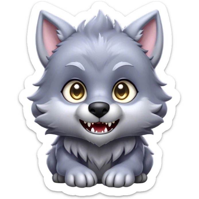 Cinematic Cute Werewolf Portrait Emoji, with a cuddly, miniature lupine form in soft moonlit grays and silvers, featuring oversized sparkling eyes and a sweet, endearing snarl, simplified yet irresistibly adorable, highly detailed with a gentle glowing outline that captures the playful, heartwarming essence of a little werewolf! sticker