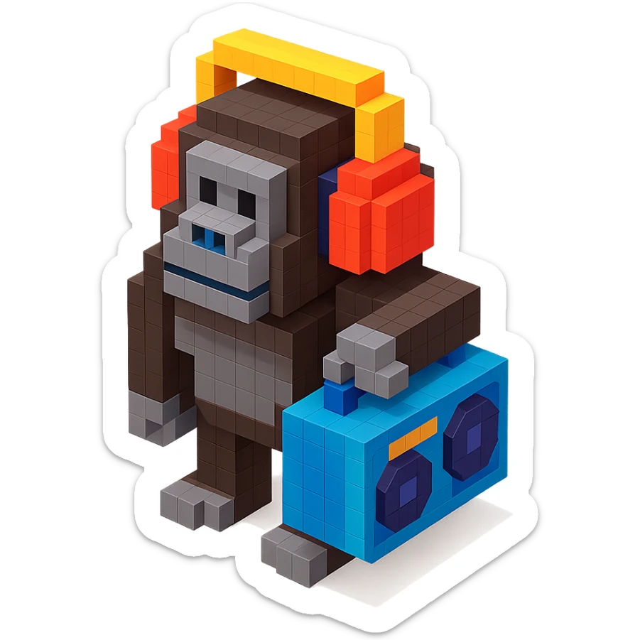 voxel style gorilla with headphones, holding a boombox, isometric view sticker