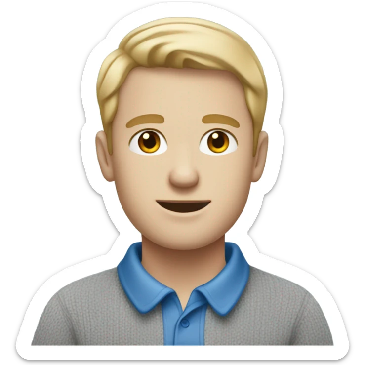A guy with a pale skin, in blue polo shirt and a grey sweater sticker
