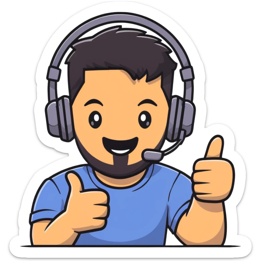 Man with black hair, brown eyes, and black beard wearing gaming headset giving a thumbs up gesture sticker