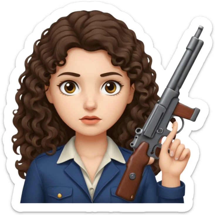 A brunette with long wavy, curly hair girl who is about to kill herself with a littlr gun pointed at her temple sticker