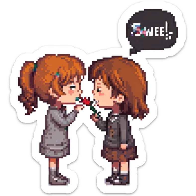 a girl and boy kissing inside a Hello Kitty-themed room, the girl says "sweet!" in a speech bubble, variant with different expressions sticker