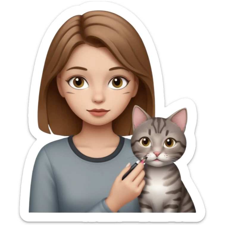 A image of a girl with light brown hair doing her makeup with her grey tabby cat sticker