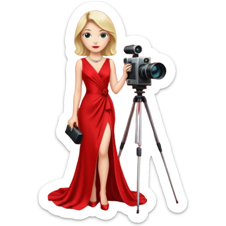 an actress standing on a red carpet with a formal dress, with only one movie camera on a tripod next to her. sticker