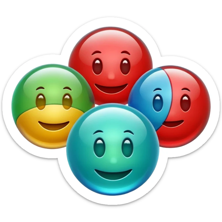 Cute 3D cartoon emoji style sticker of a 3 glass and ball game, glossy plastic texture, soft lighting, smooth shadows, playful expression, high detail, white outline sticker, transparent background (glass color green, red, & blue) sticker