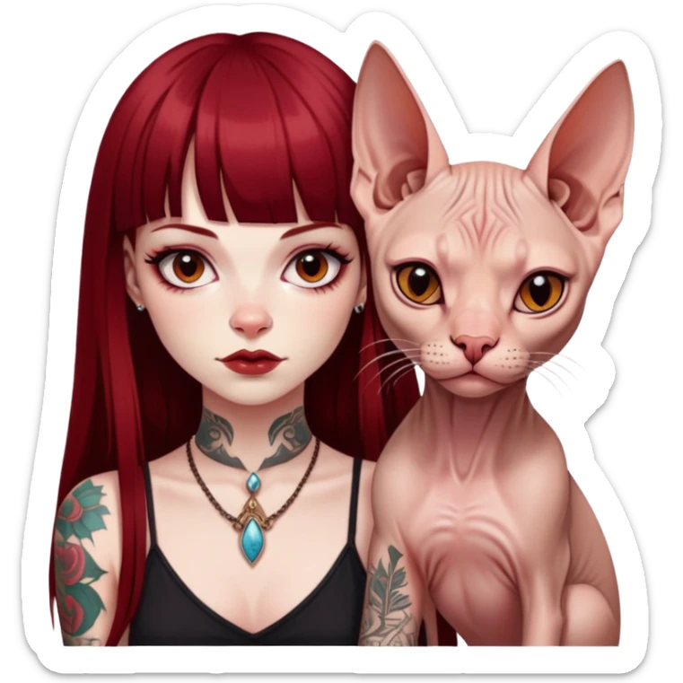 girl with long dark red straight bangs hair and tattoos and a Sphynx sticker