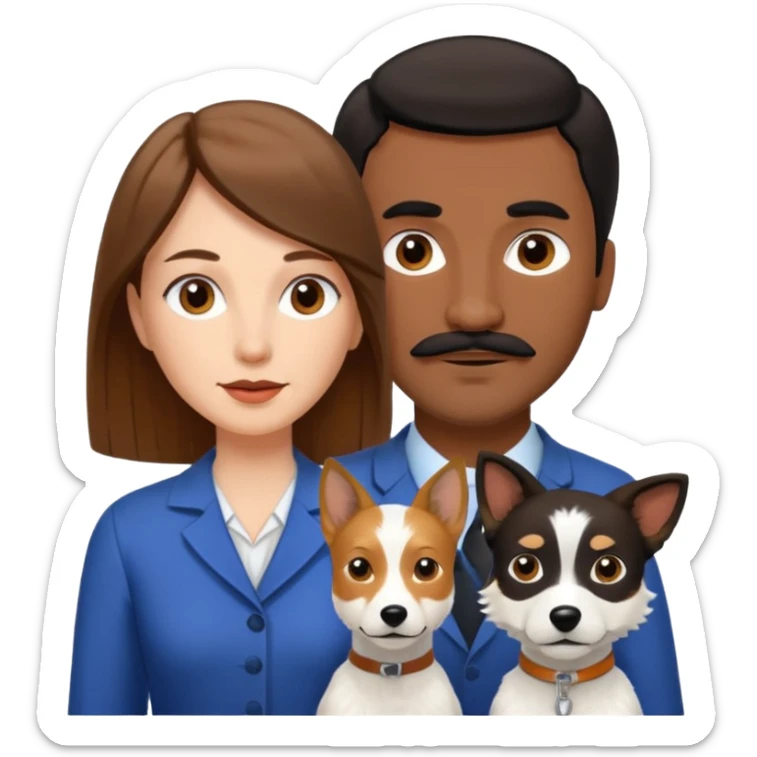 Quiero a una mujer blanca  con el pelo por el hombro lacio castaño  con un hombre de color morochito con el pelo negro y bigote, y un perro blanco Fox terrier  sticker