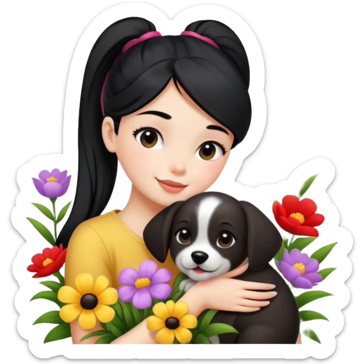 A beautiful girl with black ponytail happily hugs a dog in the flowers sticker