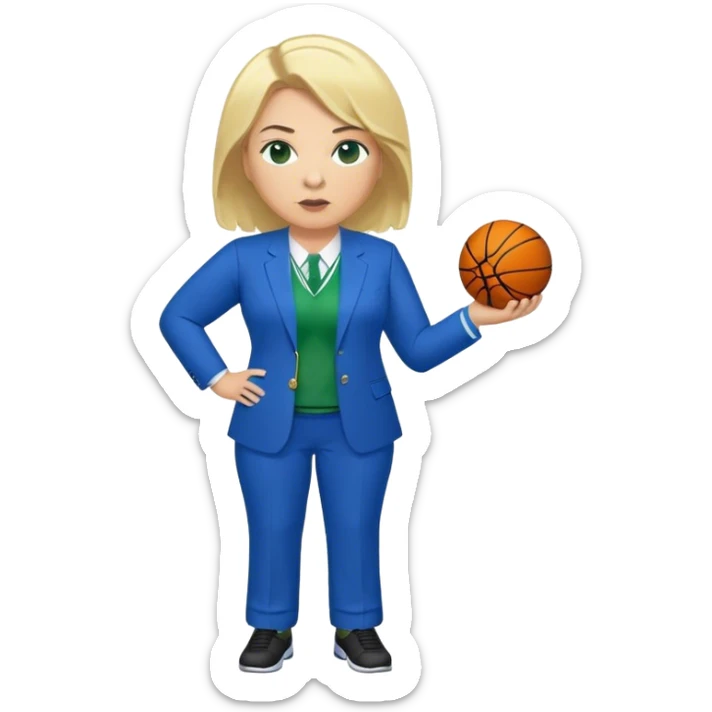 Full Body white plus size female basketball head coach with whistle  blonde hair shoulder length in a blue and green suit sticker