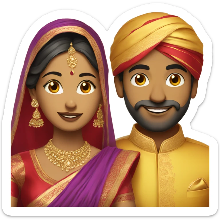 Indian bride and groom. Yellow saree with red blouse and purple sherwani. No turban.  sticker