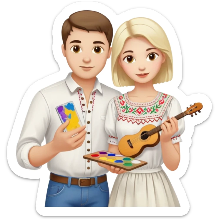 a guy in a white Ukrainian embroidered shirt and a girl in a white Ukrainian embroidered shirt, holding music and a paint palette sticker