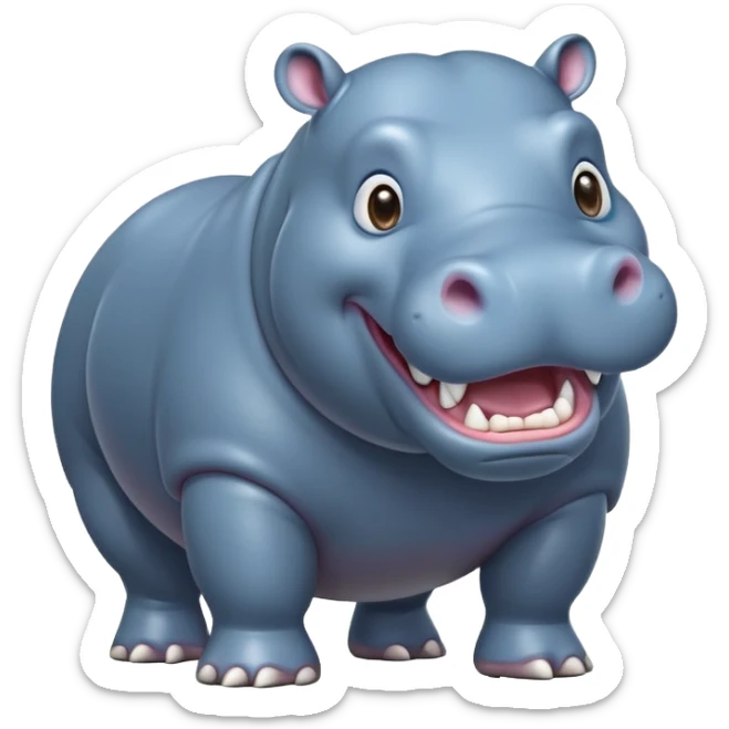 cinematic-hippo-realistic-full-body-side-view-standing-on-all-fours-emoji,-massive-round-frame,-wide-mouthed-grin-exposing-huge-teeth,-head-tilted-dramatically,-thick-greyish blue-hide-glossy, big cute eyes sticker