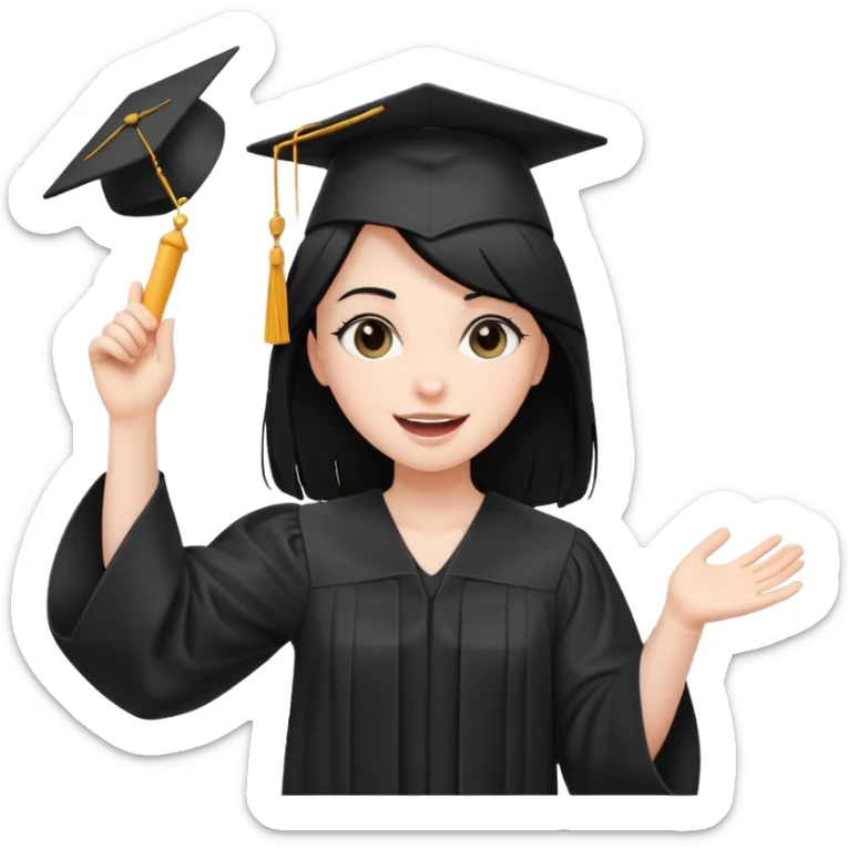 white girl with straight black hair, tossing graduation cap, black gown, happy expression sticker