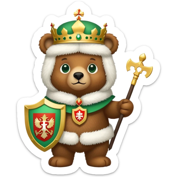 Adorable brown bear with green eyes, white furry ushanka, detailed Russian Federation emblem with golden double-headed eagle, three crowns, scepter and orb, St. George on chest shield, minimalist iOS emoji style sticker