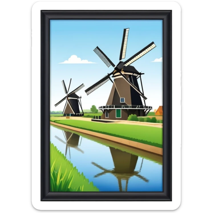 cinematic-realistic-kinderdijk-windmills-landmark-emoji,-showcasing-traditional-dutch-windmills-aligned-along-a-tranquil-canal,-with-lush-green-fields in a picture frame sticker