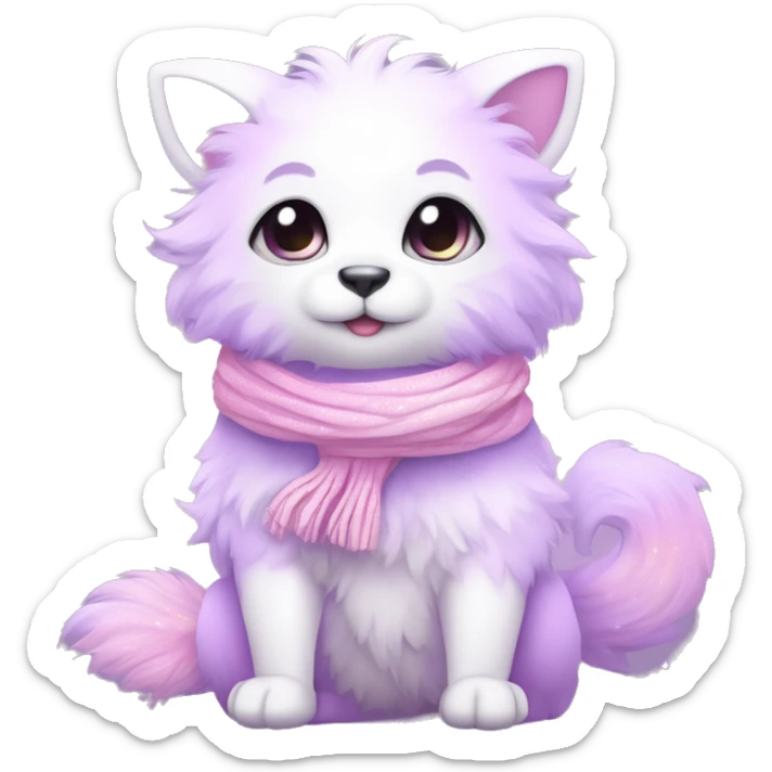 Edgy Kawaii cute gorgeous colorful sparkly bright light pastel lilac-pink-white-gradient fantasy ethereal fluffy fursona animal creature with a cute scarf full body sticker