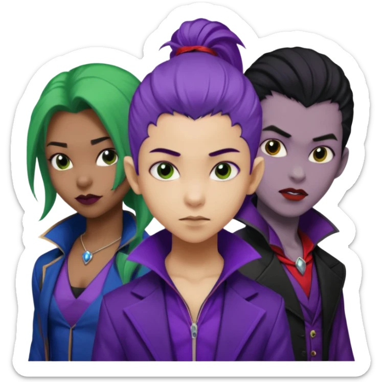 Solo poly platonic relationship, one African girl, one Asian boy, one biracial features Asian tomboy girl rat-tail hair long and upper masculine hair 90s, vampire and marvel cosplay elements inspired  use marvel colours, like instead of obvious human, green purple blue etc,  sticker