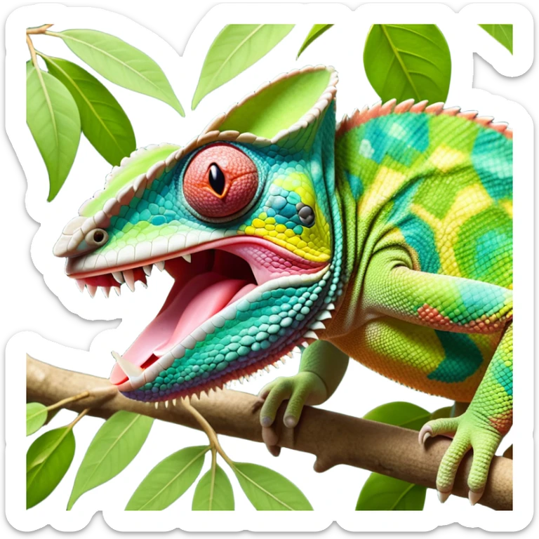 cinematic giant-tongue out chameleon-realistic emoji, mouth wide open with tongue out catching prey, -blending-with-vibrant-greenery.-detailed-scales-in-shifting-colors,-showing-the-chameleon’s-ability-to-camouflage.-soft-natural-light-highlights-its-texture.-light-background, zoomed into its face sticker
