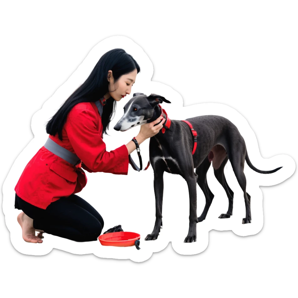 A very beautiful and attractive 25-year-old Japanese woman with long flowing black hair gently petting a SOLID DARK GREY whippet wearing a bright RED COLLAR on a beach at night under a starry sky. The woman's hand is lovingly stroking the whippet. The whippet MUST be COMPLETELY SOLID DARK GREY with ABSOLUTELY NO WHITE MARKINGS ANYWHERE - no white chest, no white face, no white paws, no white tip on tail - ENTIRELY ONE SOLID DARK GREY COLOR throughout the entire dog, but with a distinct red collar. Deep blue night sky filled with bright stars, moonlight reflecting on the ocean, sandy beach in the foreground. sticker