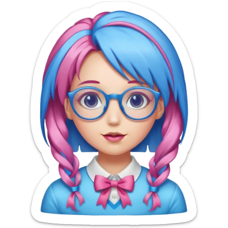 candy girl with very long blue-pink mixed candy hair with ribbon and no tattooes, with glassess sticker