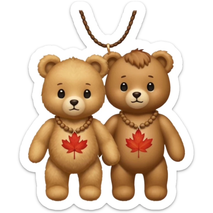 2 fluffy Teddy bears in love. One has an acorn necklace and the other has a maple leaf necklace  sticker