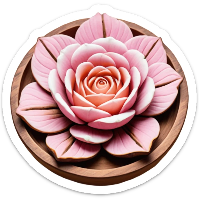 Una miniatura fotorrealista de un trozo de manteca de cacao pura y una pequeña rosa seca sobre una superficie de madera rústica y cálida. La luz debe resaltar la textura de la manteca. Colores: tonos tierra, marrón, terracota y rosa suave. Estilo: plano y orgánico sticker