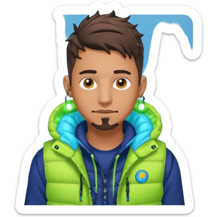 Cyberpunk street adult, hispanic, male, messy undercut, puffer vest over hoodie, glowing earpiece, light stubble, brown eyes, neon reflections, headshot sticker