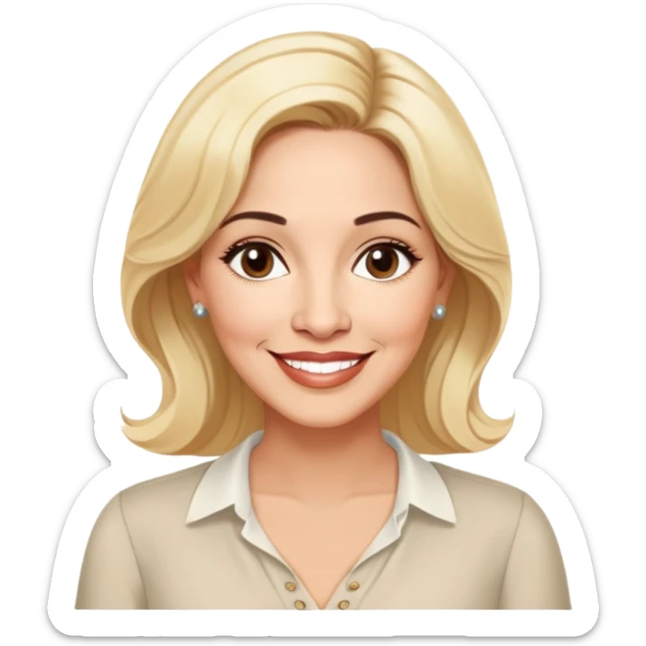 Warm-hearted Linette Torres, Puerto Rican actress in her 50s with light skin, extremely loving expression, bright gentle eyes, sweet welcoming smile, elegant blonde hair, wearing a simple relaxed blouse sticker