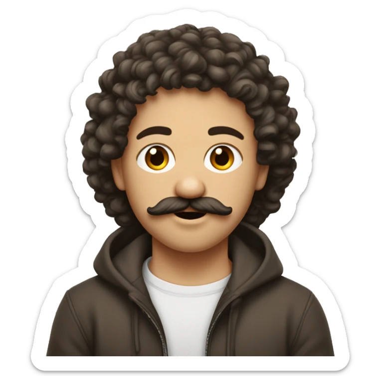 Un jeune à la peau métisse, cheveux couleur châtains mis long bouclés, moustache et bouc, qui porte un sweet à capuche blanc..  sticker