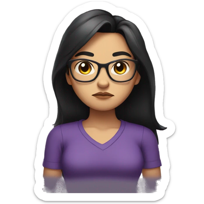 Angry scowling girl, purple shirt, long black hair, brown eyes, wearing glasses, with arms crossed over chest. sticker