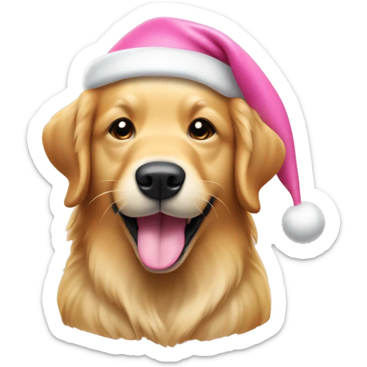 A golden retriever dog with its tongue out, smiling, and wearing a pink Christmas hat. sticker