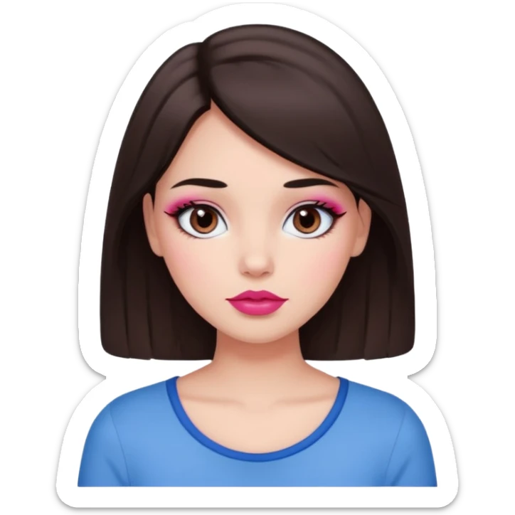 Dark brown haired girl with black eyes and lips between the shades of pink and red. A cute and clean makeup along with a blue top  sticker