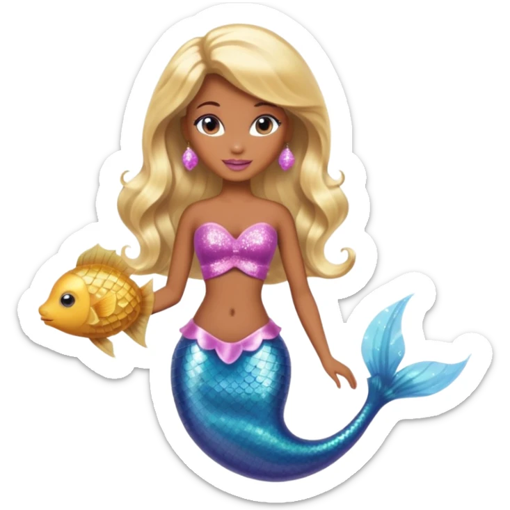 Brown skin blonde hair barbie mermaid with glitter tail  with pufferfish sticker