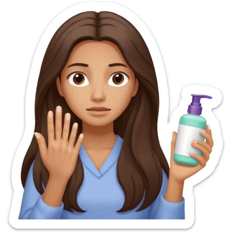 A long-haired woman is hesitating to choose skincare products. Her left hand holds skincare products and her right hand holds skincare products. She is showing hesitant expressions on her face. Her face has acne and is dry. sticker