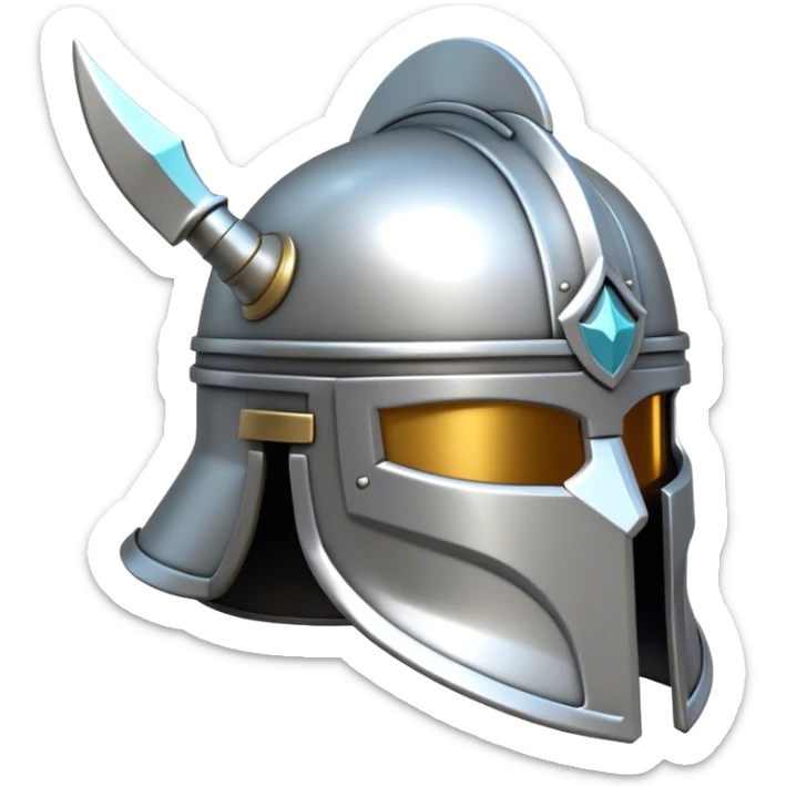 Clash of Clans aesthetic: Cinematic Playful Steel Helm Emoji, rendered in a 3D vector-style similar to standard emojis with minimal shading and bold, simplified shapes. A compact, isometric helmet crafted of shining steel with intricate engravings and a protective visor, softly glowing with a noble warrior charm. Simplified yet unmistakably iconic, highly detailed and consistent, glowing with a soft radiant gleam and high polish. Stylized with a touch of chivalric tradition and a soft glowing outline, capturing the essence of a stalwart battle helm with a friendly, playful manner! sticker