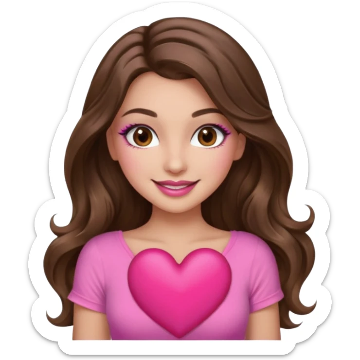 girl with long wavy brown hair, brown eyes, long lashes makeup, sexy pink lips, light to medium complexion, wearing a pink sexy top, smiling, holding a big heart sticker