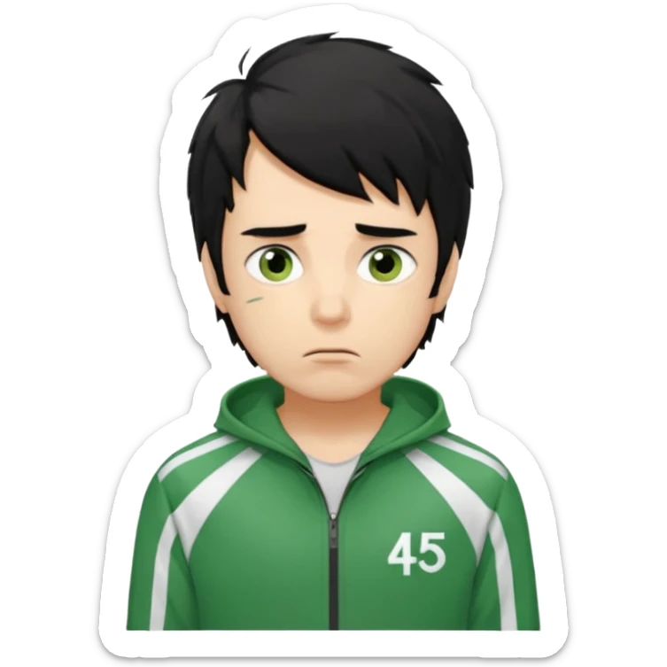 squid game player 456
Hair: Messy, medium-length black hair 🖤💇‍♂️
Face: Tired eyes, often anxious or nervous look 😟👀
Clothes: Green tracksuit with white stripes 🟢👟 (number 456 on his chest)


 sticker