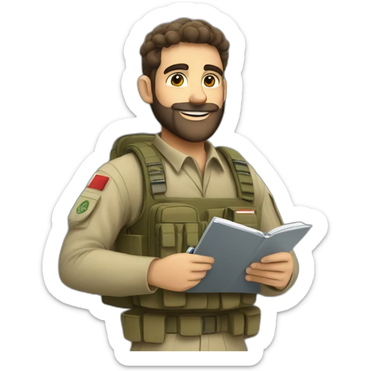 pale brown bearded israeli IDF soldier happy holding notebook and pen and stationary sticker