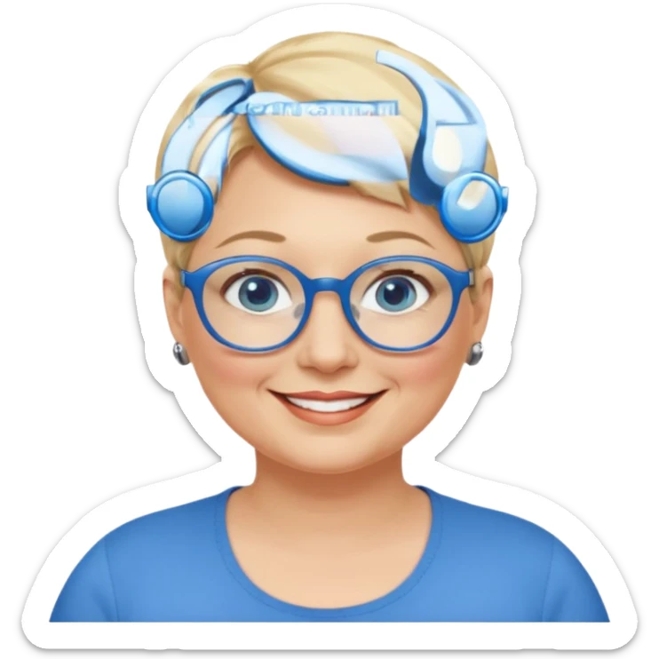 woman 50 years old, very short blonde hair, blue eyes and blue round glasses smile and overweight sticker