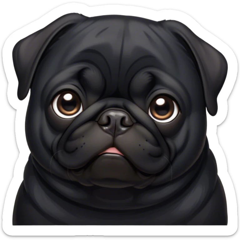 Cinematic Noble Black Pug Portrait Emoji, Poised and regal, with a compact, sturdy build and a sleek, shiny pure black coat, deep-set soulful dark eyes, Simplified yet sharp and sophisticated features, highly detailed, glowing with a soft, dignified glow, high shine, intelligent and spirited, stylized with an air of confidence, focused and attentive, soft glowing outline, capturing the essence of a watchful and commanding companion, so majestic it feels as though it could prance out of the screen with effortless authority! sticker