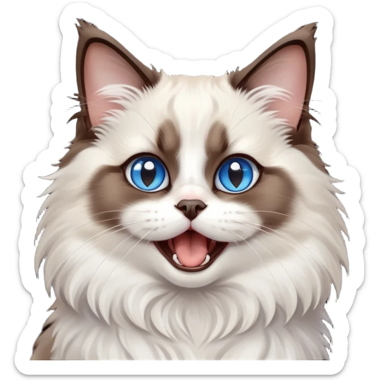 cinematic-adorable-big-eyed-fluffy-dark brown and white ragdoll-cat-portrait-emoji,-head-tilted-playfully-with-a-cute,-yawn,-soft-brown-and white-colored-fur-with-darker-points-on-the-ears,-simplified-yet-irresistibly-cute-features, sparkling blue eyes sticker