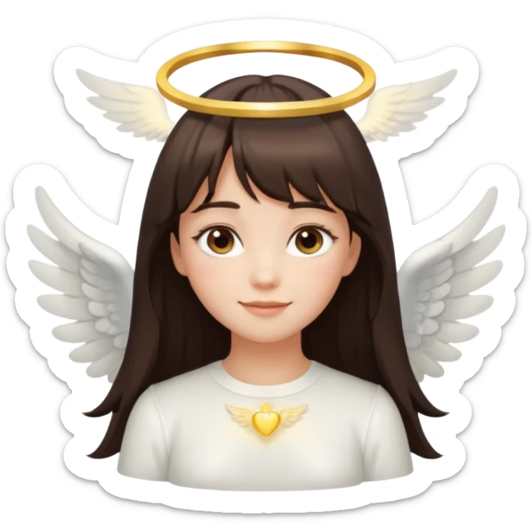 long dark brown haired girl with bangs and lashes as an angel, glowing halo, small white wings, soft smile, inspired by iOS 18 girl emoji style sticker