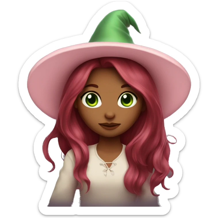 girl long dark red hair green eyes and baby pink witch hat sticker